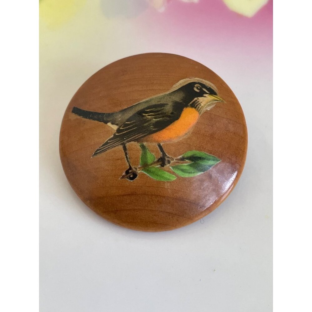 Vintage 1970s Wood Brooch With Decoupage Robin Bird